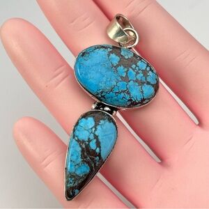 Beautiful Blue Turquoise Pendant with Matrix Design – Oval & Teardrop Stones